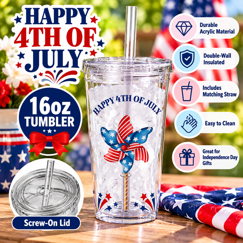 Happy 4th of July 16oz Acrylic Tumbler with Straw – Patriotic Red White and Blue Pinwheel Cup, Independence Day Gift