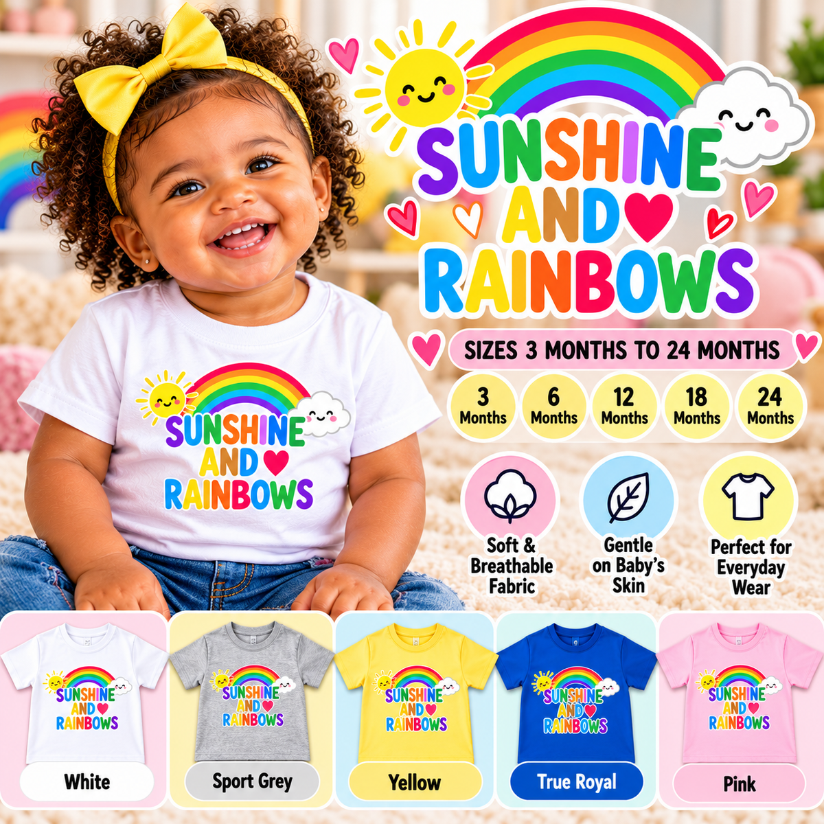 Sunshine and Rainbows Baby Girl T-Shirt – Cute Colorful Rainbow Infant Tee, Happy Sunshine Outfit, 3–24 Months