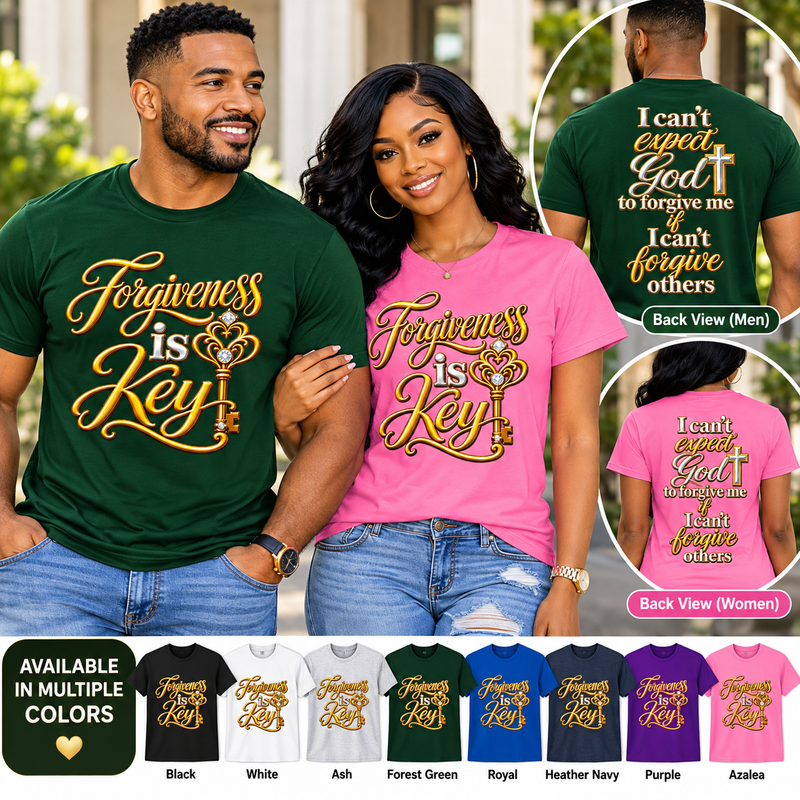 Forgiveness Is Key Christian Faith T-Shirt – Inspirational Religious Graphic Tee with Front and Back Print for Men and Women