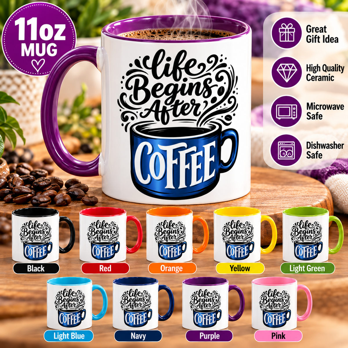 Life Begins After Coffee 11oz Ceramic Mug – Colorful Handle & Interior, Coffee Lover Gift