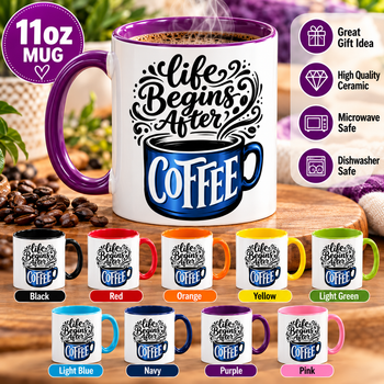 Life Begins After Coffee 11oz Ceramic Mug – Colorful Handle & Interior, Coffee Lover Gift