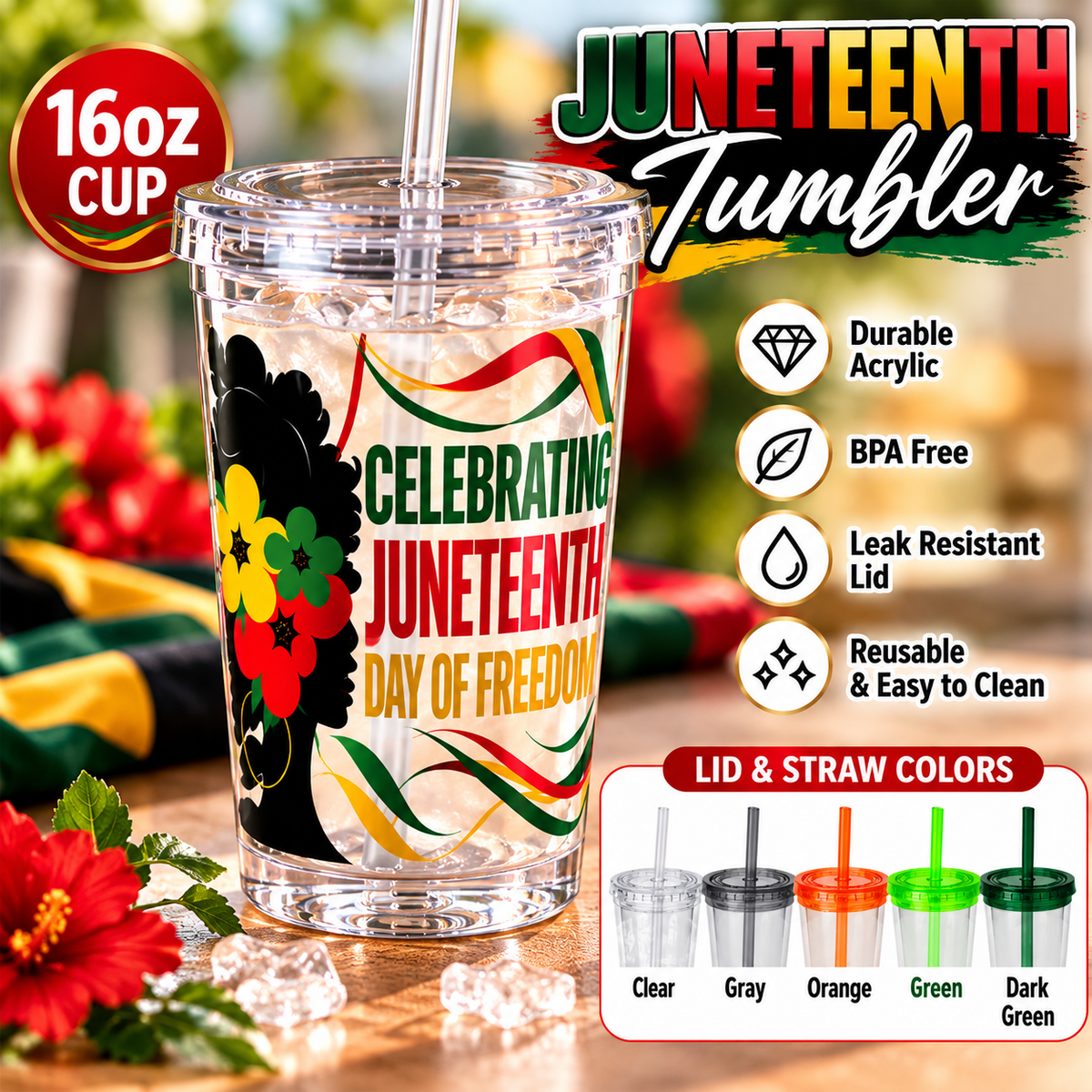 Juneteenth 16oz Acrylic Tumbler with Straw – Celebrating Freedom Day Cup, Red Black Green and Gold Design, Multiple Lid Colors