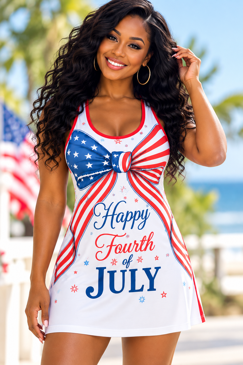 Happy Fourth of July Racerback Tank Dress – Women's Red White and Blue Patriotic Summer Dress, American Flag Bow, Two-Tone Design