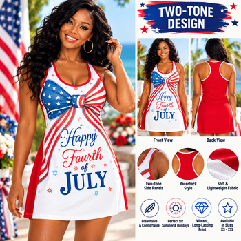 Happy Fourth of July Racerback Tank Dress – Women's Red White and Blue Patriotic Summer Dress, American Flag Bow, Two-Tone Design