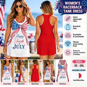 Happy Fourth of July Racerback Tank Dress – Women's Red White and Blue Patriotic Summer Dress, American Flag Bow, Two-Tone Design