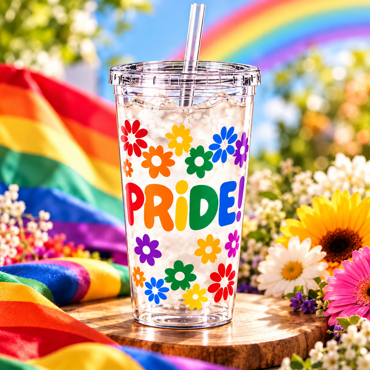 Rainbow Pride Floral Tumbler with Straw – Colorful Pride Month Cup, Reusable Clear Drinkware, LGBTQ+ Gift