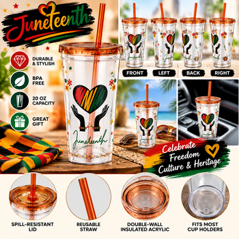 Juneteenth Freedom Day Tumbler with Straw – Red Black Green Gold Heart Design, African American Heritage Cup, Freedom Celebration Gift 16oz