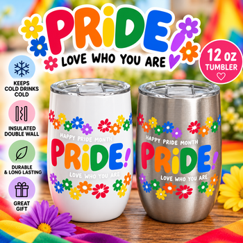 Rainbow Pride Wine Tumbler – Colorful Floral LGBTQ+ Pride Cup, Insulated Stainless Steel Drinkware, Love Is Love Gift