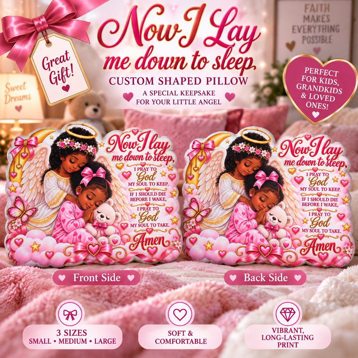 Now I Lay Me Down to Sleep Angel Prayer Pillow – Girls Custom Shaped Kids Prayer Pillow, Pink Guardian Angel Keepsake Gift