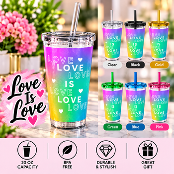 Love Is Love 16oz Tumbler with Straw – Rainbow Gradient Cup, Colorful Love Gift, 6 Lid Color Options