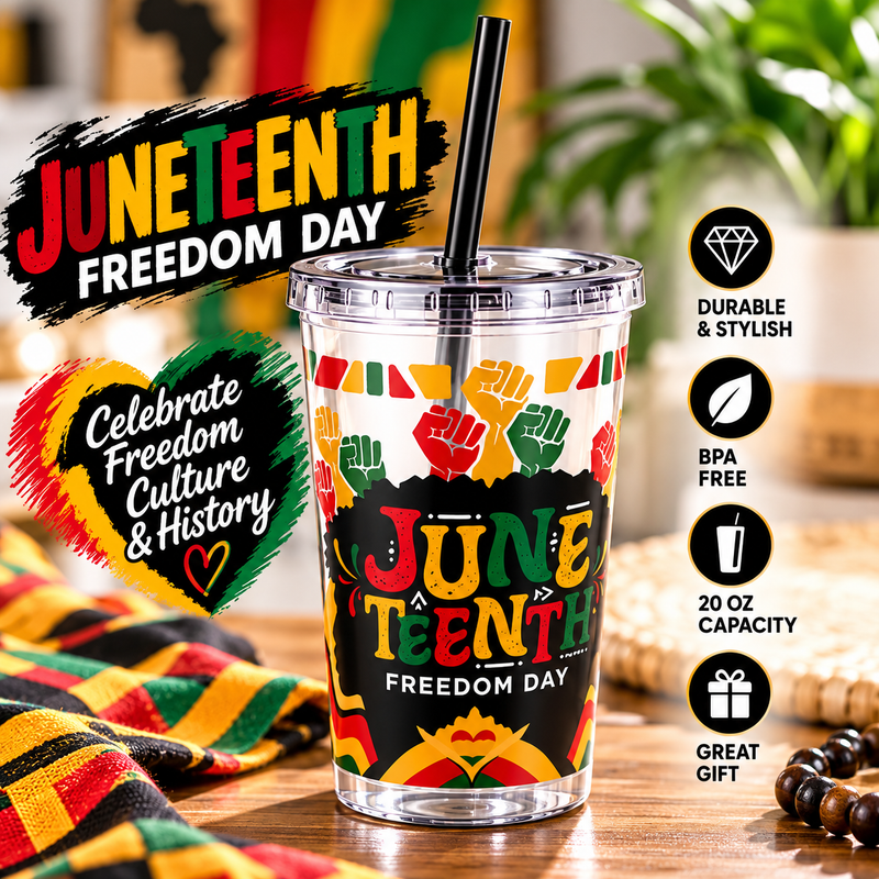 Juneteenth Freedom Day 16oz Tumbler with Straw – Black History Celebration Cup, Red Black Green Gold Design, Freedom Culture Gift