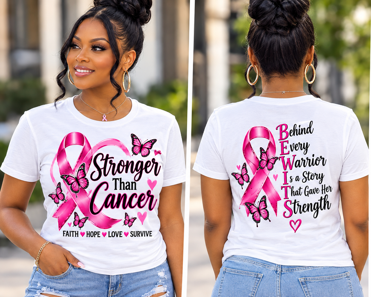 Stronger Than Cancer Breast Cancer Awareness T-Shirt – Pink Ribbon Butterfly Graphic Tee, Faith Hope Love Survivor Support Shirt