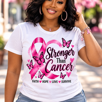 Stronger Than Cancer Breast Cancer Awareness T-Shirt – Pink Ribbon Butterfly Graphic Tee, Faith Hope Love Survivor Support Shirt