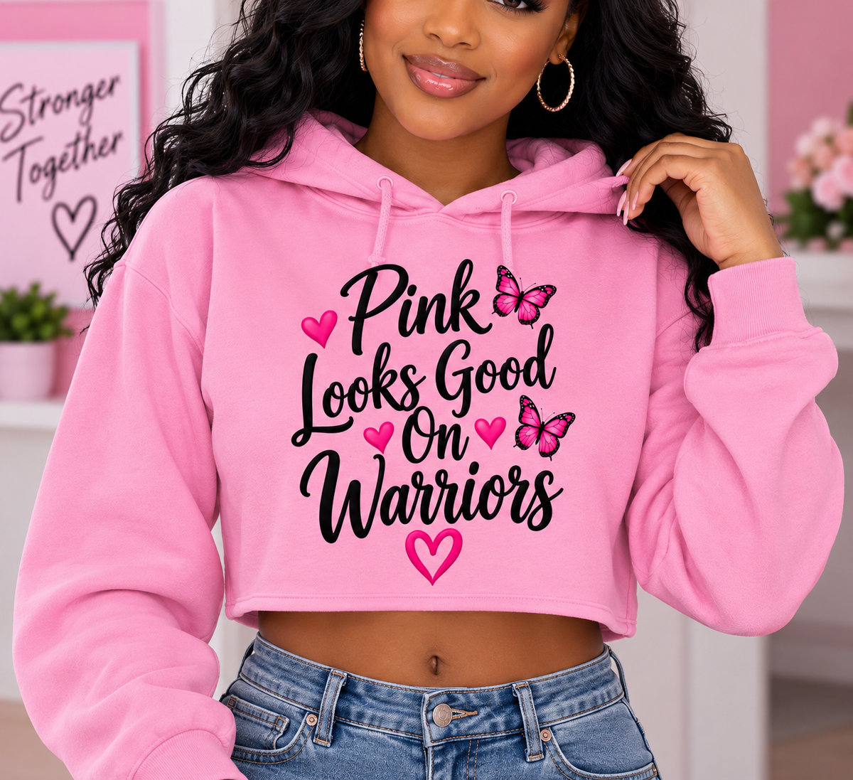 Pink Looks Good on Warriors Crop Hoodie – Breast Cancer Awareness Pink Butterfly Sweatshirt, Women's Inspirational Cropped Hoodie