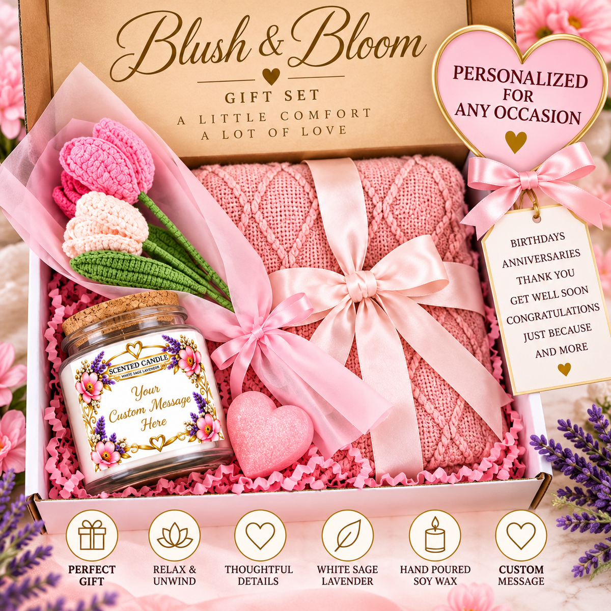Blush & Bloom Personalized Self Care Gift Box – Custom Message Scented Candle, Cozy Blanket & Crochet Flowers, Relaxation Gift Set