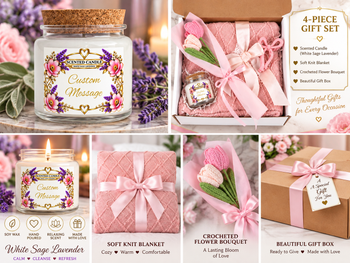 Blush & Bloom Personalized Self Care Gift Box – Custom Message Scented Candle, Cozy Blanket & Crochet Flowers, Relaxation Gift Set