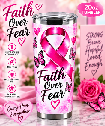 Faith Over Fear 20oz Breast Cancer Awareness Tumbler – Pink Ribbon Butterfly Stainless Steel Travel Cup, Inspirational Gift