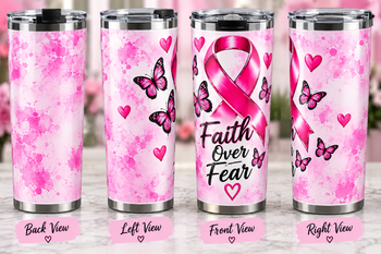 Faith Over Fear 20oz Breast Cancer Awareness Tumbler – Pink Ribbon Butterfly Stainless Steel Travel Cup, Inspirational Gift