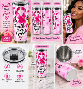 Faith Over Fear 20oz Breast Cancer Awareness Tumbler – Pink Ribbon Butterfly Stainless Steel Travel Cup, Inspirational Gift