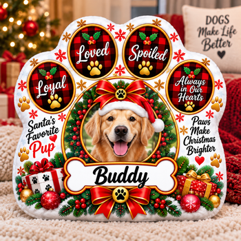 Personalized Christmas Pet Pillow, Custom Dog Photo Pillow, Pet Name Gift, Paw Shaped Holiday Pillow, Christmas Pet Gift