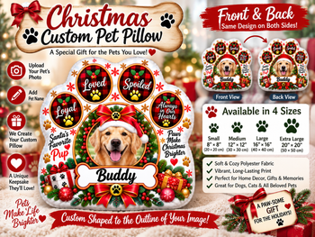 Personalized Christmas Pet Pillow, Custom Dog Photo Pillow, Pet Name Gift, Paw Shaped Holiday Pillow, Christmas Pet Gift