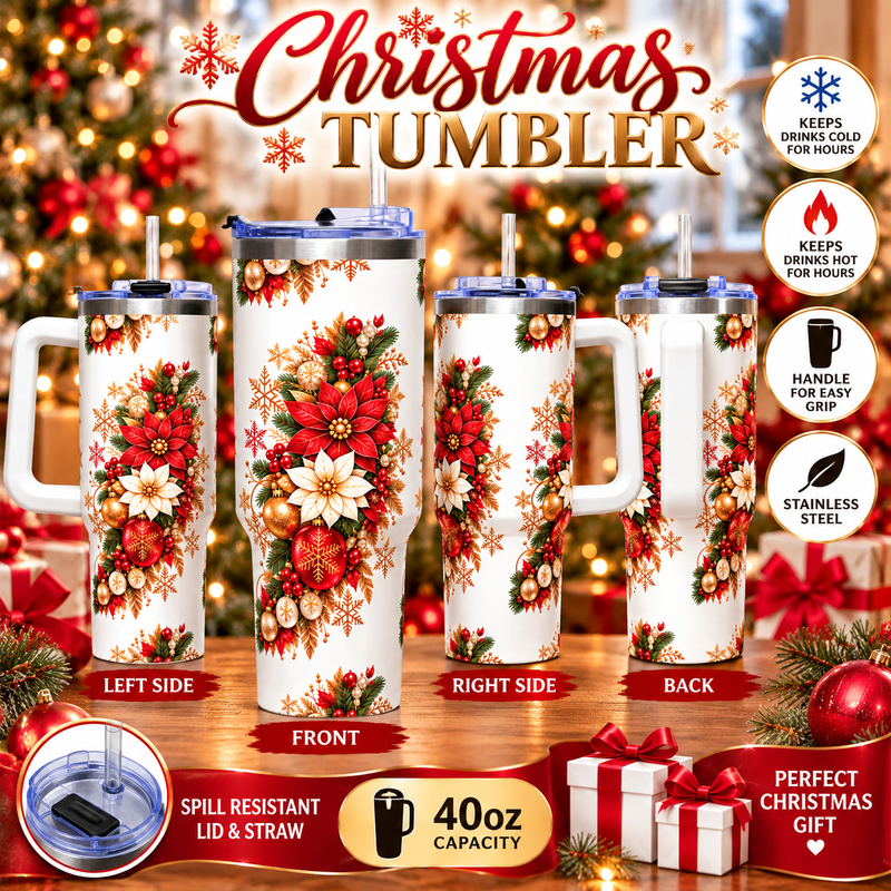 40oz Christmas Tumbler with Handle and Straw  Red Poinsettia Holiday Stainless Steel Travel Cup Christmas Gift