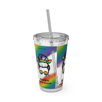 Happy Pride Month 16oz Acrylic Tumbler with Straw – Rainbow Pride Cup, Colorful Reusable Cold Drink Tumbler, Pride Celebration Gift