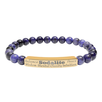 Sodalite Bracelet Natural Stone Beaded Bracelet Engraved Bar Bracelet Stainless Steel or 18K Gold Balance Wisdom Clarity Gift