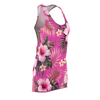 Tropical Hibiscus Racerback Dress – Women's Pink Floral Bodycon Mini Dress, Hawaiian Beach Vacation Summer Outfit