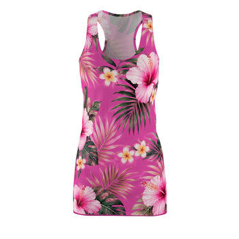 Tropical Hibiscus Racerback Dress – Women's Pink Floral Bodycon Mini Dress, Hawaiian Beach Vacation Summer Outfit