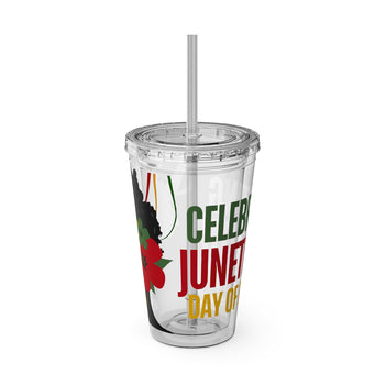 Juneteenth 16oz Acrylic Tumbler with Straw – Celebrating Freedom Day Cup, Red Black Green and Gold Design, Multiple Lid Colors