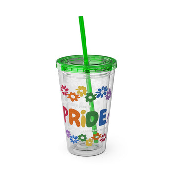 Rainbow Pride Floral Tumbler with Straw – Colorful Pride Month Cup, Reusable Clear Drinkware, LGBTQ+ Gift