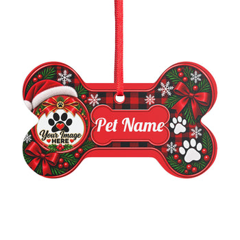 Personalized Pet Christmas Ornament – Custom Dog Photo & Name Bone Ornament, Red Buffalo Plaid Christmas Tree Keepsake