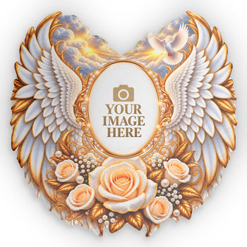 Personalized Angel Wings Photo Pillow – Custom Heart Shaped Picture Pillow, Memorial Keepsake, White and Gold Rose Gift