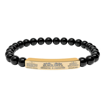 Natural Black Onyx Stone Bracelet – 8mm Gemstone Beads with Engraved Stainless Steel Bar, Protection, Strength & Grounding Jewelry