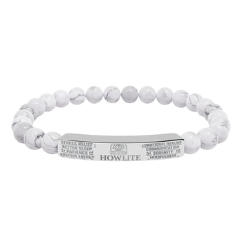 Natural Howlite Stone Bracelet – White Howlite Beaded Bracelet with Stainless Steel Bar, Calming Crystal Jewelry & Mindfulness Gift