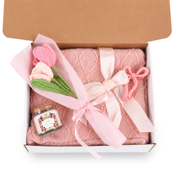 Blush & Bloom Personalized Self Care Gift Box – Custom Message Scented Candle, Cozy Blanket & Crochet Flowers, Relaxation Gift Set