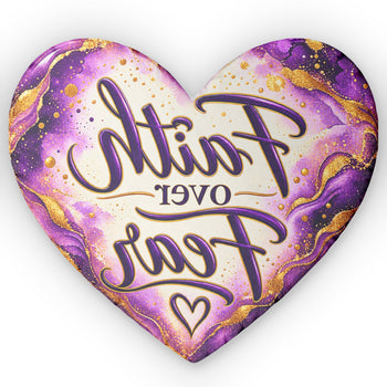 Faith Over Fear Heart Shaped Throw Pillow – Purple and Gold Inspirational Christian Decorative Cushion, Faith Based Home Décor Gift