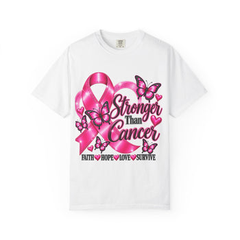 Stronger Than Cancer Breast Cancer Awareness T-Shirt – Pink Ribbon Butterfly Graphic Tee, Faith Hope Love Survivor Support Shirt