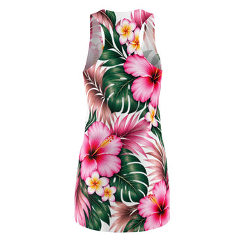 Women's Tropical Hibiscus Racerback Tank Dress – Pink Floral All Over Print Summer Mini Dress, Beach Vacation Outfit