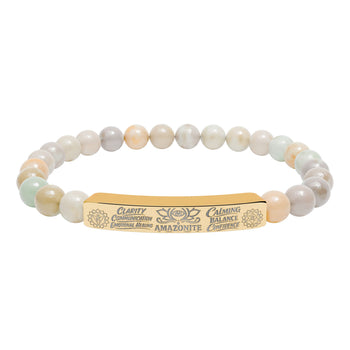 Natural Amazonite Stone Bracelet – 8mm Gemstone Beaded Stretch Bracelet with Engraved Bar, Stainless Steel or 18K Gold, Clarity & Balance Jewelry