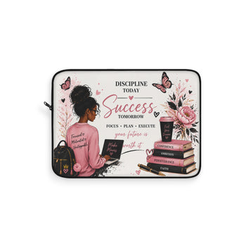 Discipline Today Success Tomorrow Laptop Sleeve – Inspirational Pink Butterfly Floral Laptop Case, Motivational Gift for Women