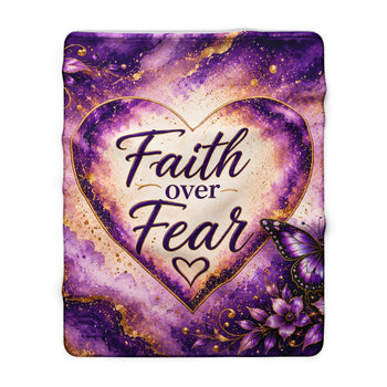 Faith Over Fear Purple Butterfly Sherpa Blanket – Inspirational Christian Throw Blanket, Purple and Gold Floral Faith Home Décor