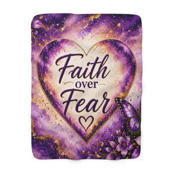 Faith Over Fear Purple Butterfly Sherpa Blanket – Inspirational Christian Throw Blanket, Purple and Gold Floral Faith Home Décor