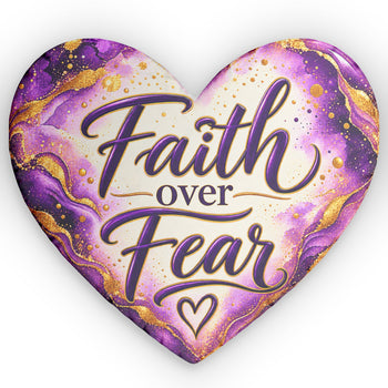 Faith Over Fear Heart Shaped Throw Pillow – Purple and Gold Inspirational Christian Decorative Cushion, Faith Based Home Décor Gift