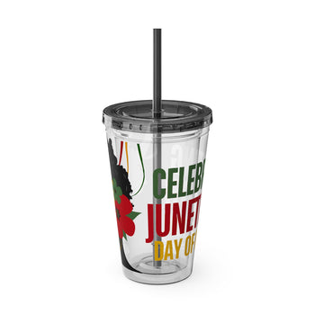 Juneteenth 16oz Acrylic Tumbler with Straw – Celebrating Freedom Day Cup, Red Black Green and Gold Design, Multiple Lid Colors
