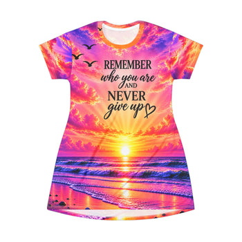 Remember Who You Are and Never Give Up Women's T-Shirt Dress – Colorful Sunset Beach Inspirational Mini Dress
