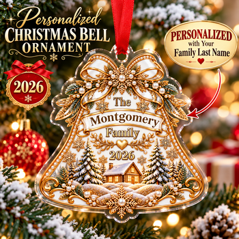 Personalized Family Christmas Bell Ornament 2026 – Custom Last Name Christmas Tree Decoration, Gold Family Keepsake Gift