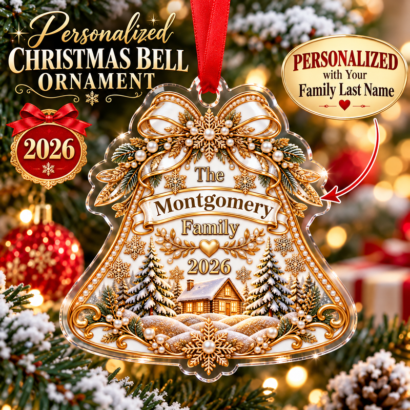 Personalized Family Christmas Bell Ornament 2026 – Custom Last Name Christmas Tree Decoration, Gold Family Keepsake Gift